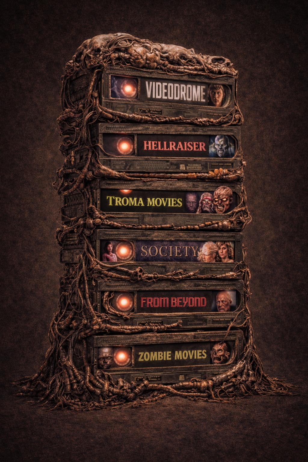 Biomechanical VHS tape stack — left render