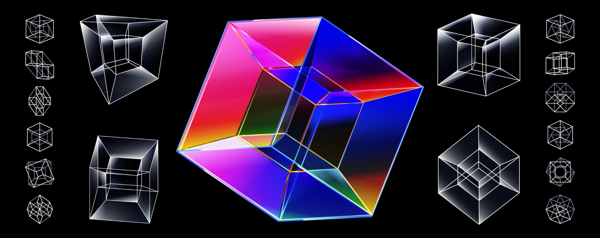 Colored tesseract cube structure diagram
